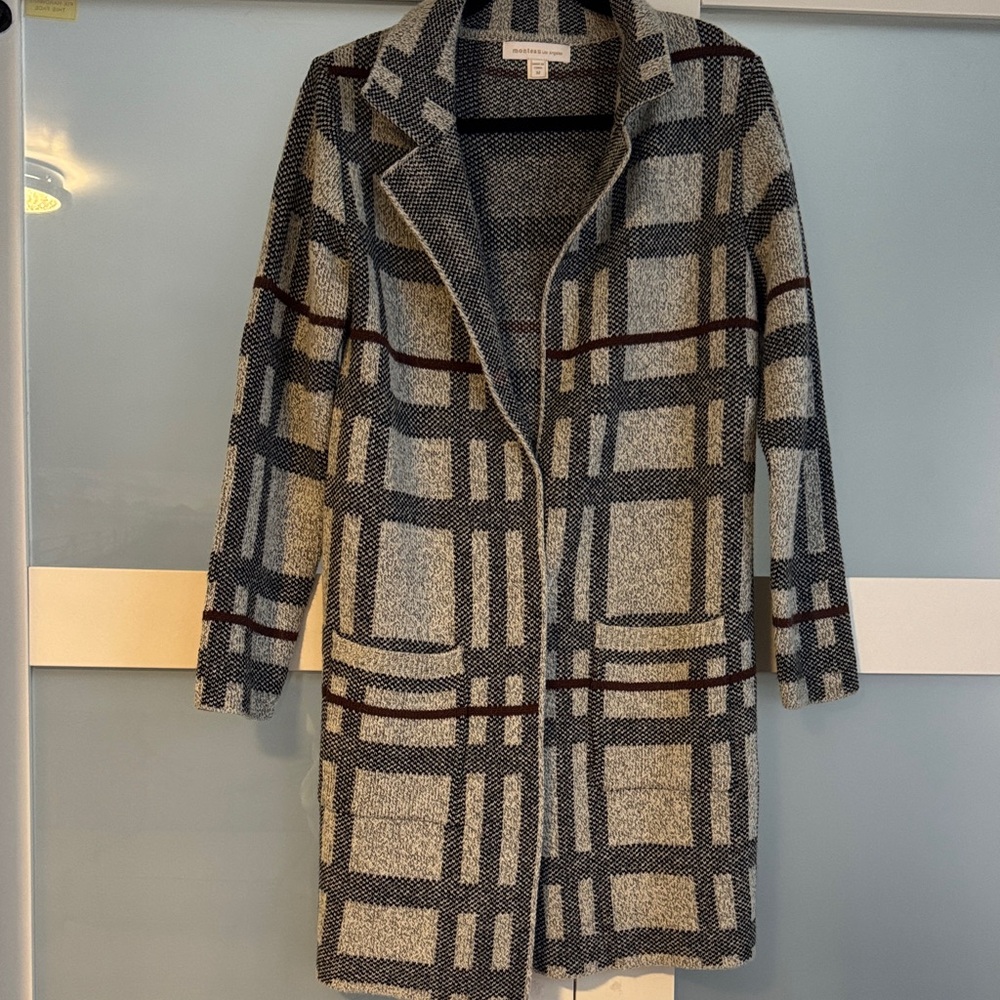 Plaid Knit Open Front Coat.